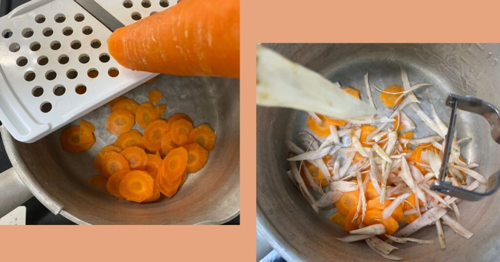 根菜をスライサーやピーラーで切り、鍋に入れている画像