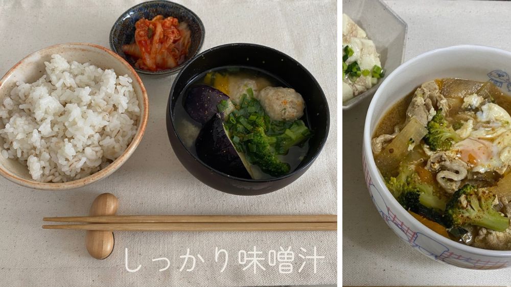 肉団子や落とし卵の入った具沢山の味噌汁