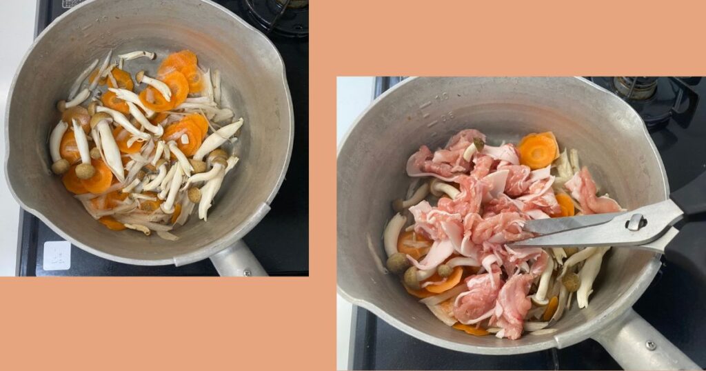 鍋の中で豚肉をハサミで切っている画像