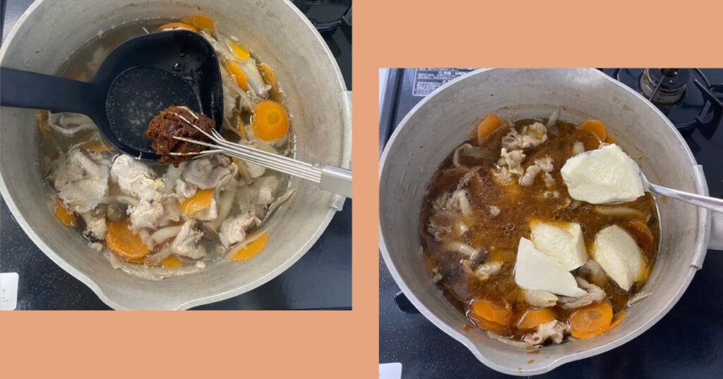 味噌を溶いている画像とスプーンで豆腐を入れている画像